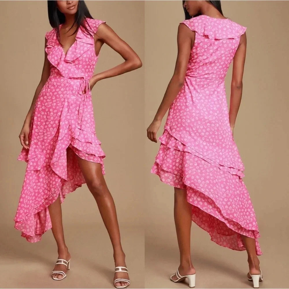 Lulu’s Pink Floral Cornelia Wrap Ruffled Midi Dress S